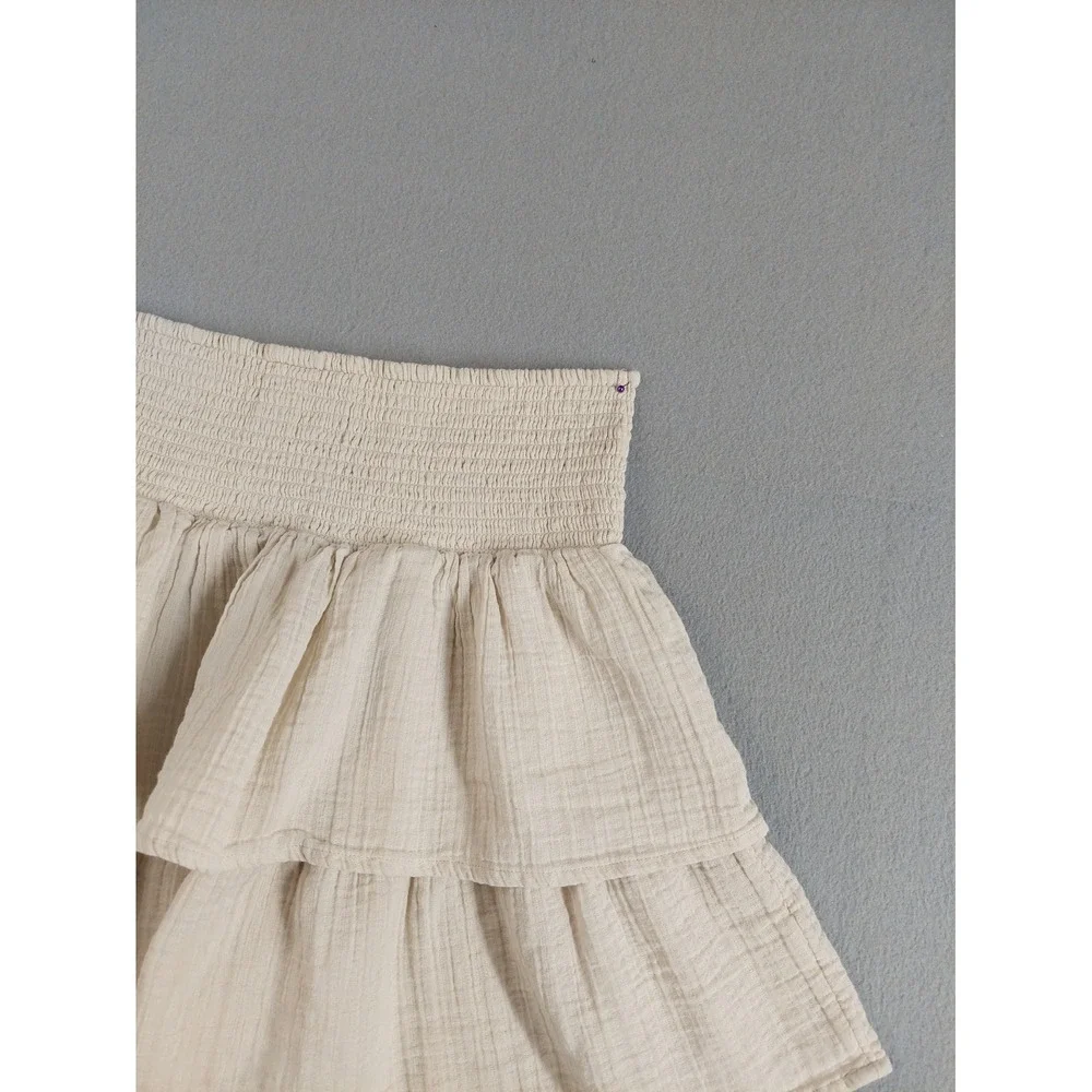 Universal Women Mini Skirt XS Beige 100% Cotton Tiered Ruffle Smocked Waist Boho